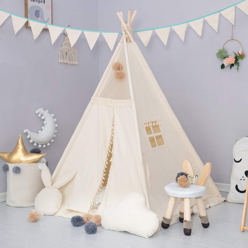 TreeBud Kids Teepee Tent with Padded Mat, Banner, Fairy Lights, Yarn Ball, Carry Bag, Beige Cotton Canvas Play Tent for Child with Tassels Lace, Play House Tipi for Kids Room Decor - Image 5